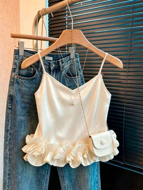 Tops - Women's Elegant Cream White Lace Hem Camisole,Elegant Summer Tea Party  Top